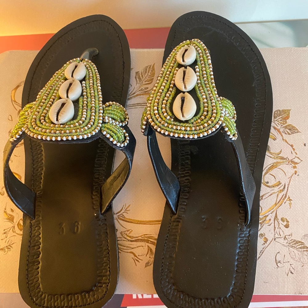 Artisan Black and Green Beaded Sandals